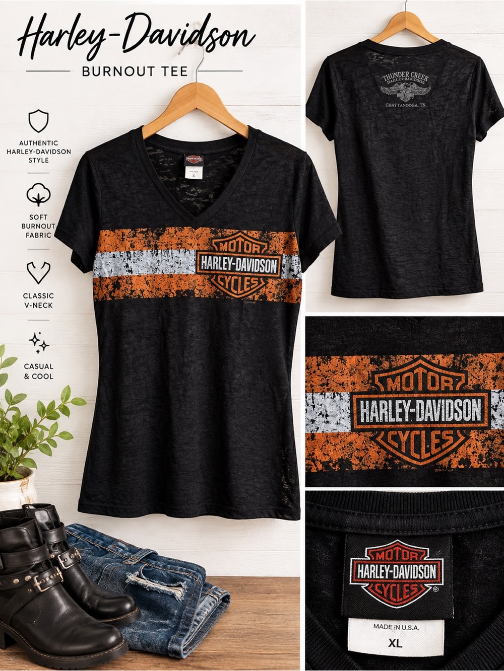 Harley-Davidson Burnout V-Neck Tee Women's XL Thunder Creek Chattanooga TN Black